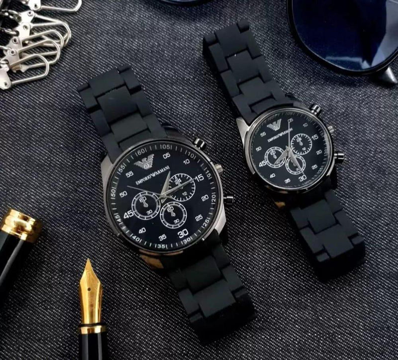 Emporio Armani Luxury Couple Watch Set – Brown Silicone Strap, Golden Case
