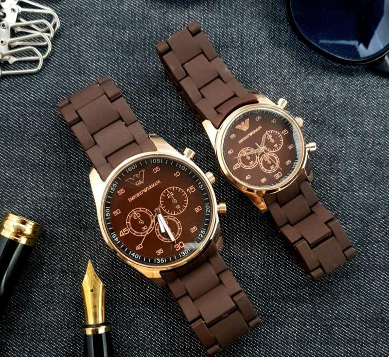 Emporio Armani Luxury Couple Watch Set – Brown Silicone Strap, Golden Case