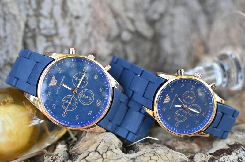 Emporio Armani Luxury Couple Watch Set – Brown Silicone Strap, Golden Case