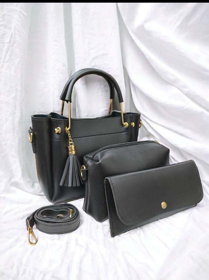 3-Piece Elegant Black PU Leather Handbag Set for Women