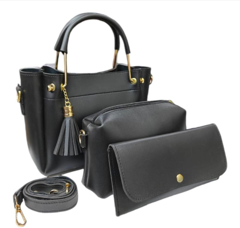 3-Piece Elegant Black PU Leather Handbag Set for Women