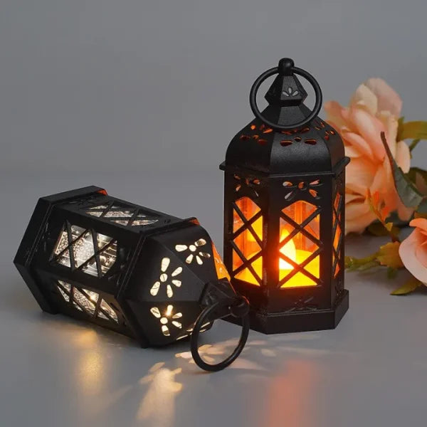 Antique Hexagonal Black Candle Lamp – LED Wind Light for Atmosphere & Decor