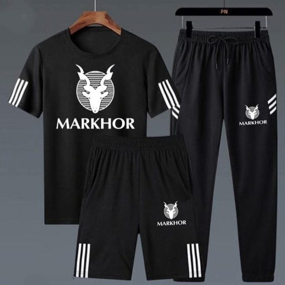Pack of 3 Markhor Printed Black Summer Tracksuits for Men – Stylish & Comfortable